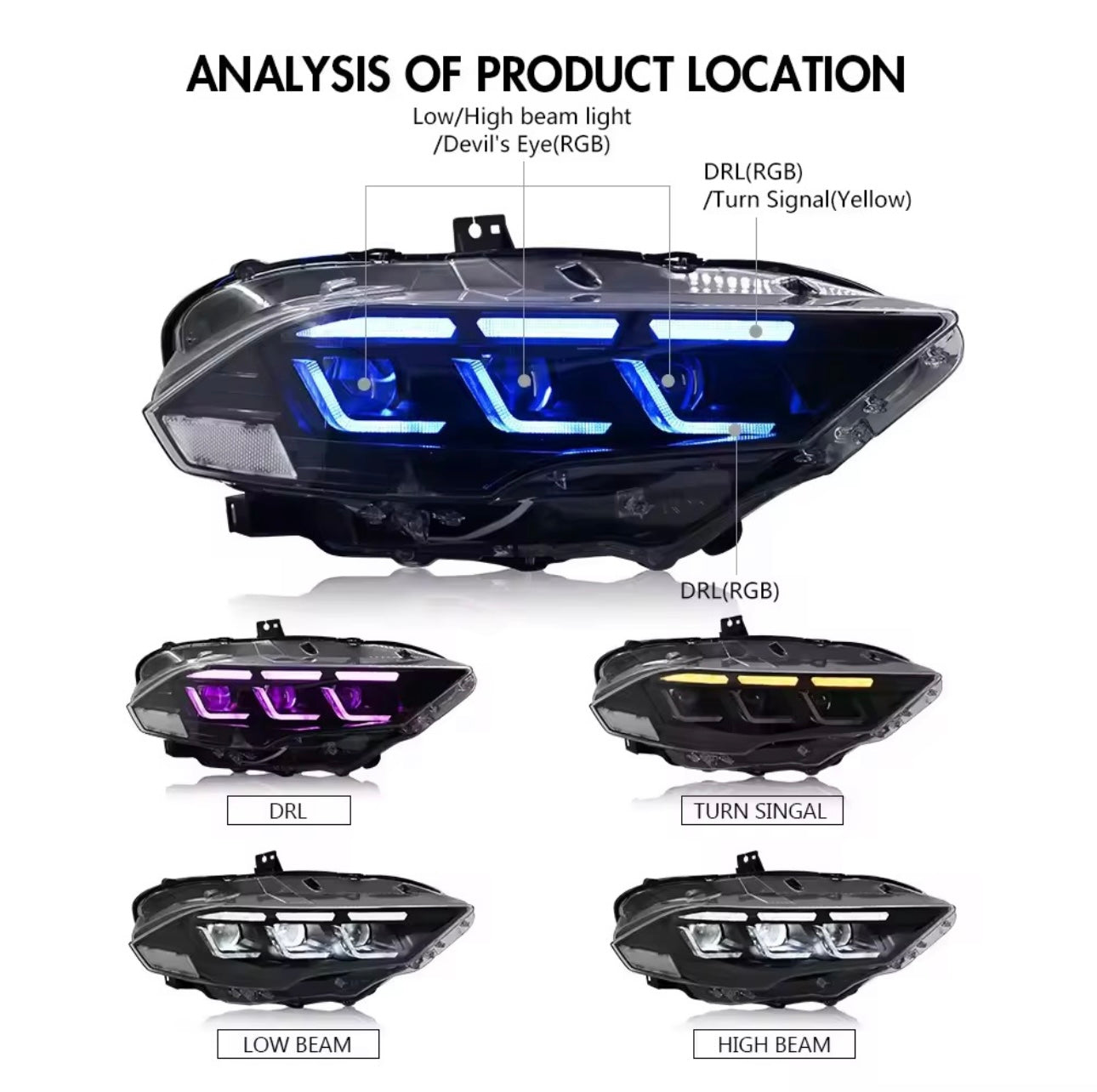 2015-2023 FORD MUSTANG S650 STYLE HEADLIGHTS (RGB)